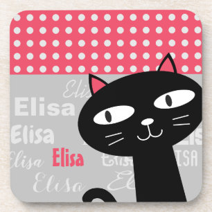 Cute cat pink polka dots personalised name coaster