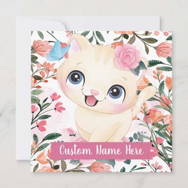Cute Cat Pink Roses Blush Flowers Custom Name (Front)
