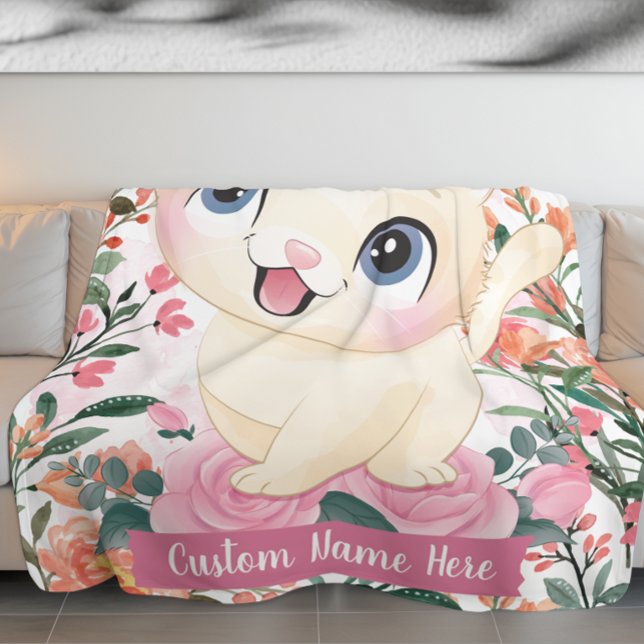 Cute Cat Pink Roses Blush Flowers Custom Name Fleece Blanket (Cute Cat Pink Roses Blush Flowers Custom Name Fleece Blanket)