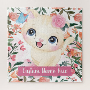 Cute Cat Pink Roses Blush Flowers Custom Name Jigsaw Puzzle