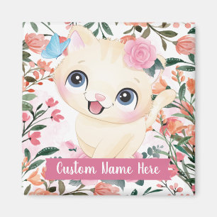 Cute Cat Pink Roses Blush Flowers Custom Name Magnet