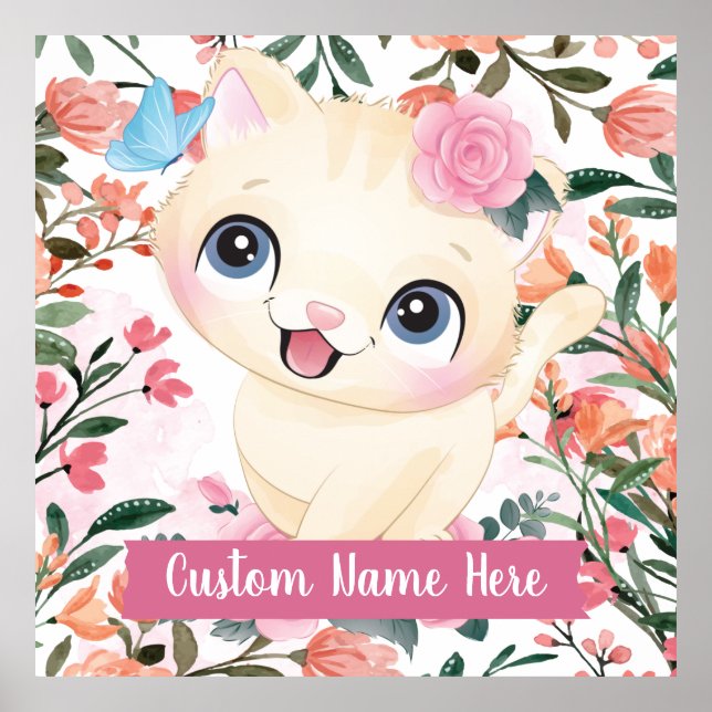 Cute Cat Pink Roses Blush Flowers Custom Name Poster (Front)