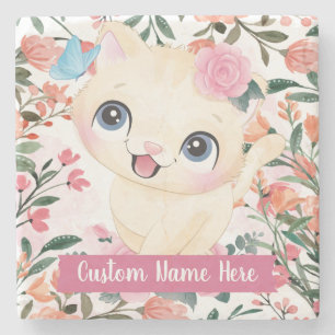 Cute Cat Pink Roses Blush Flowers Custom Name Stone Coaster