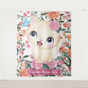 Cute Cat Pink Roses Blush Flowers Custom Name Tapestry