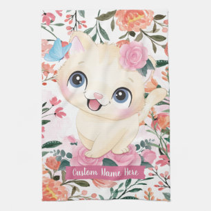 Cute Cat Pink Roses Blush Flowers Custom Name Tea Towel