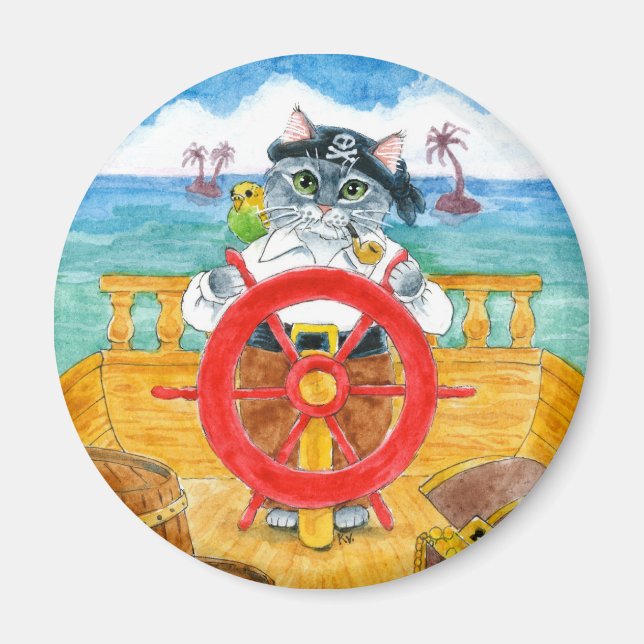 Cute Cat Pirate Budgie Ship Caribbean Sea magnet (Front)