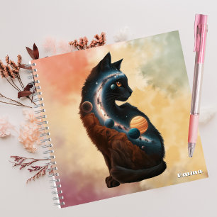 Cute Cat & Planets, Fun Animal, Watercolor, Custom Notebook