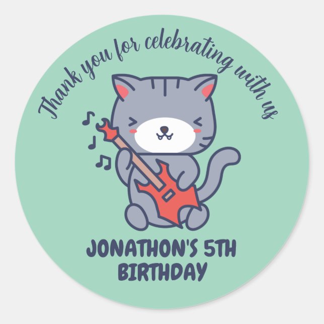 Cute Cat Play Guitar Kids Birthday Party Classic Round Sticker (Front)