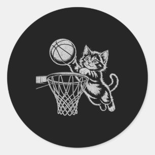 Cute Cat Playing Basketball Men Women Kids Funny C Classic Round Sticker