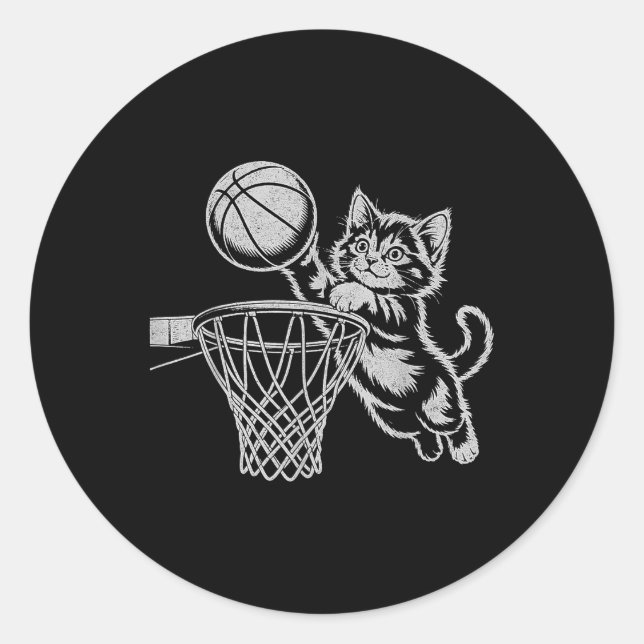 Cute Cat Playing Basketball Men Women Kids Funny C Classic Round Sticker (Front)