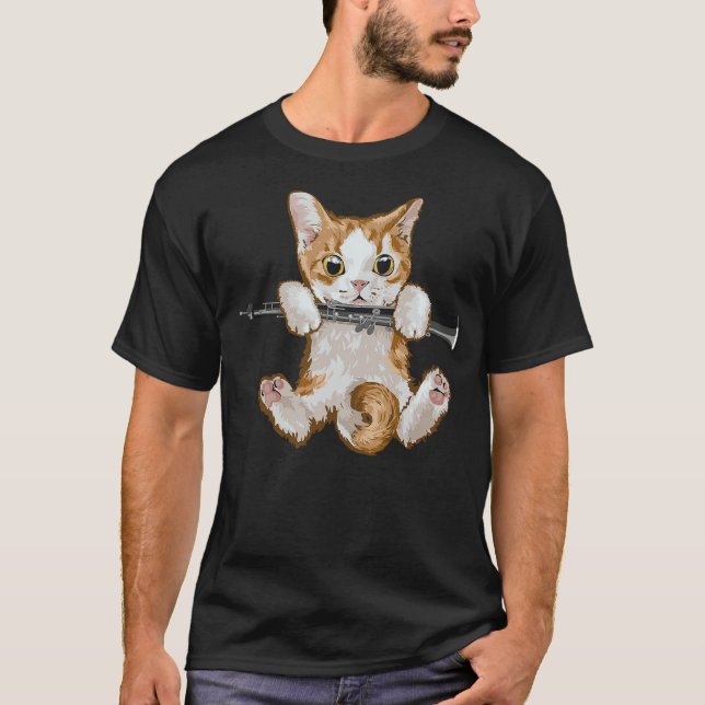 Cute Cat Playing Clarinet Funny Cats Pet Owner Lov T-Shirt (Front)
