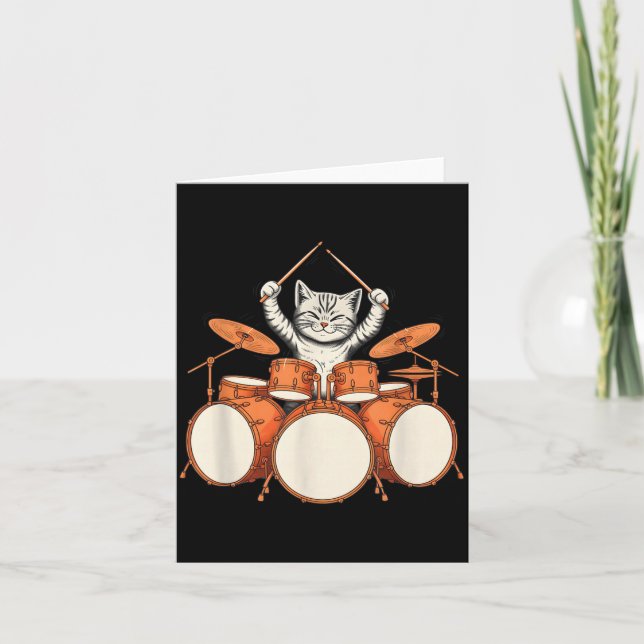 Cute Cat Playing Drums Funny Drummer Kit Cartoon Card (Front)