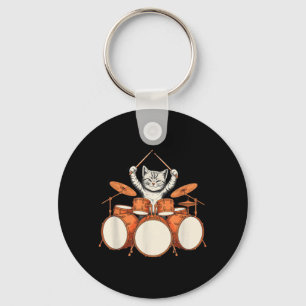 Cute Cat Playing Drums Funny Drummer Kit Cartoon Key Ring