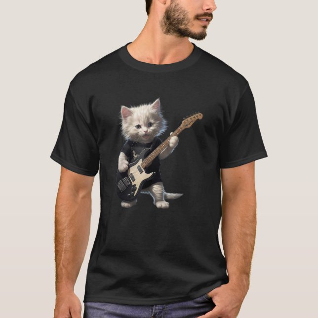 Cute Cat Playing Electric Guitar Rocker Cat Music  T-Shirt (Front)