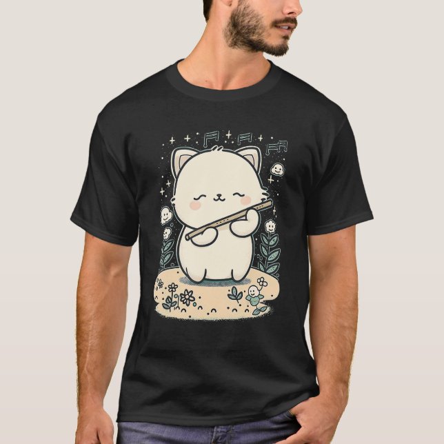 Cute Cat Playing Flute  Funny Cat T-Shirt (Front)