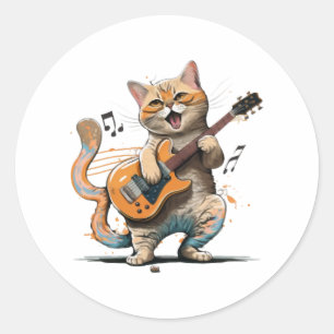 Cute Cat playing Guitar shirt, Cool kitty Guitar Classic Round Sticker