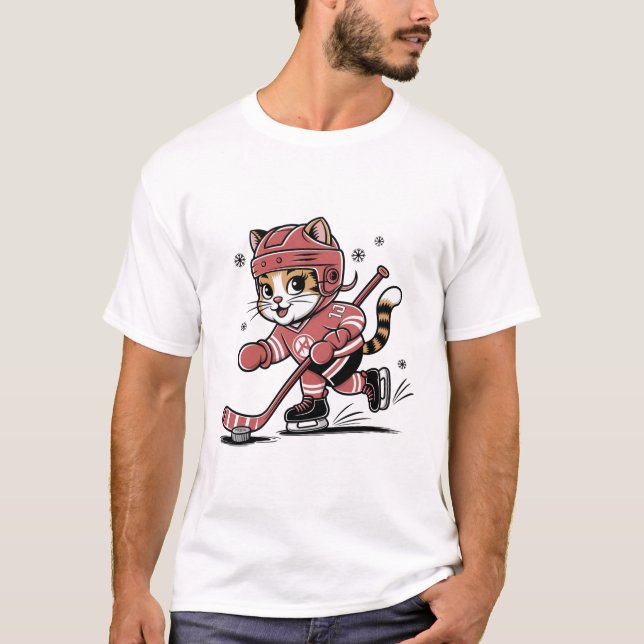 Cute Cat Playing Ice Hockey Cartoon Sports Design T-Shirt (Front)