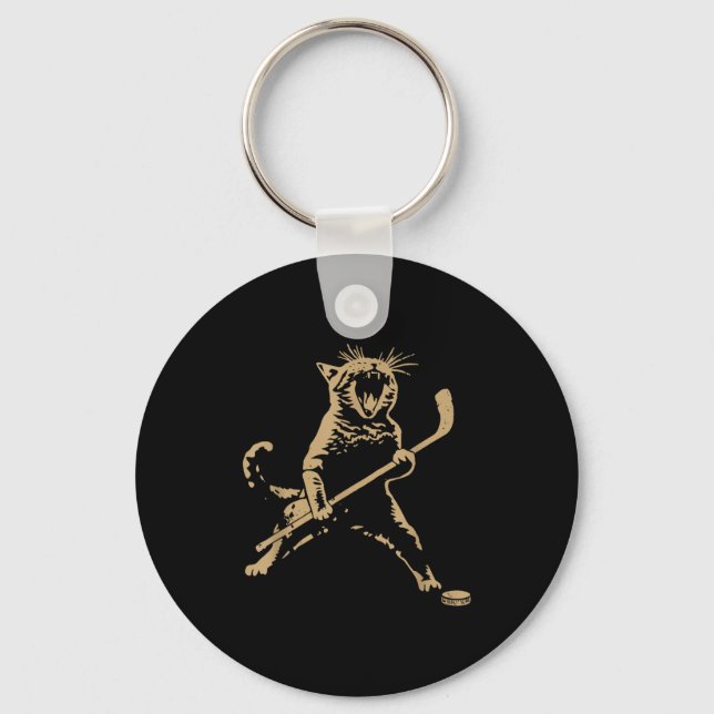 Cute Cat Playing Ice Hockey Lover Player Funny  Key Ring (Front)