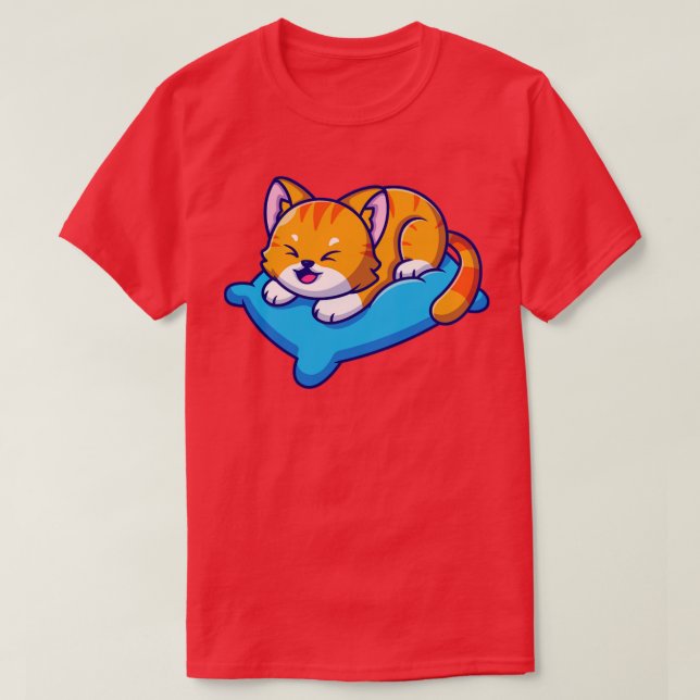 Cute Cat Playing On Pillow Cartoon T-Shirt (Design Front)