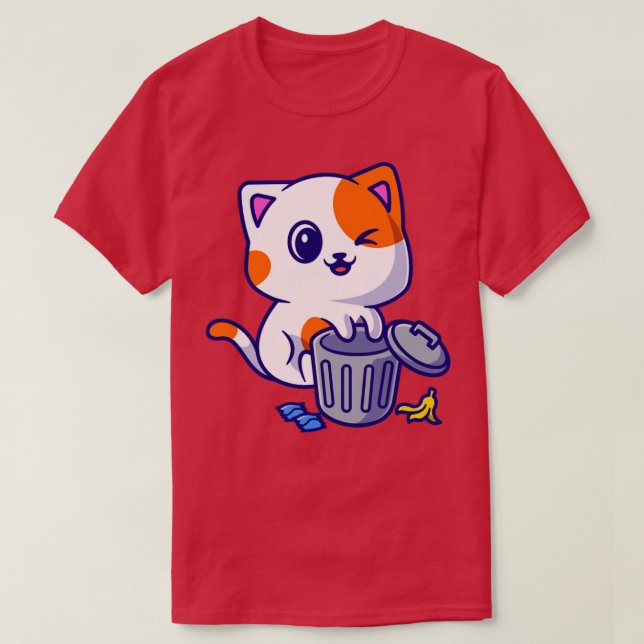 Cute Cat Playing On Rubbish Bin Cartoon T-Shirt (Design Front)