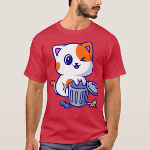 Cute Cat Playing On Rubbish Bin Cartoon T-Shirt