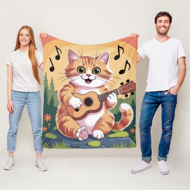 Cute Cat Playing Ukuele Fleece Blanket (In Situ)