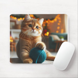 cute cat playing with a yarn mousepad
