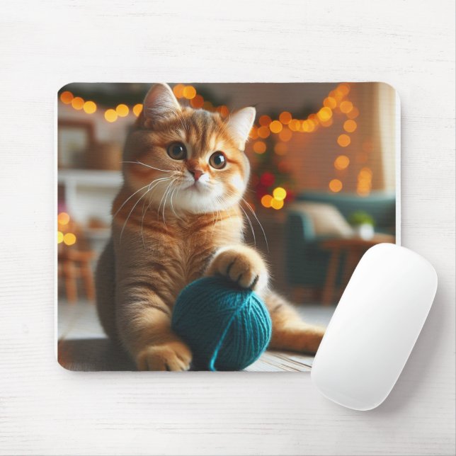 cute cat playing with a yarn mousepad (With Mouse)