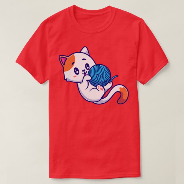 Cute Cat Playing Yarn Ball Cartoon2 T-Shirt (Design Front)