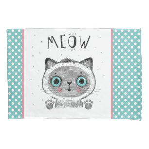 Cute Cat, Polka Dots, Paws MEOW Pillowcase