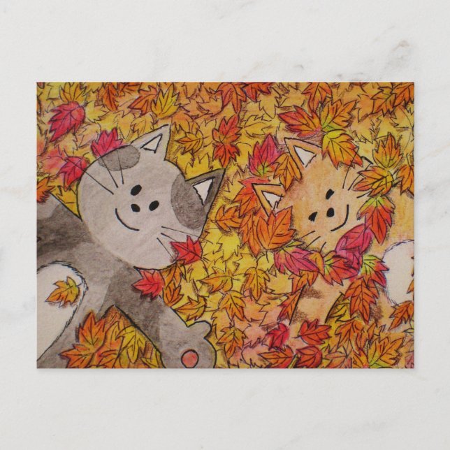 Cute Cat Postcard for Fall "Jump into Fall" (Front)