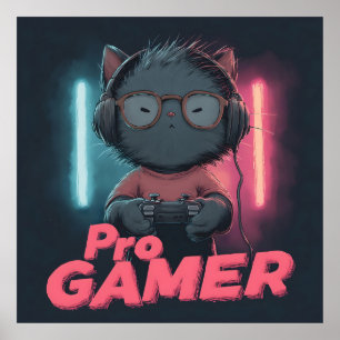 Cute Cat "Pro Gamer" with Headphones Poster