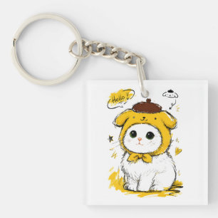 Cute Cat Pudding Hat Hello Adorable Art Key Ring