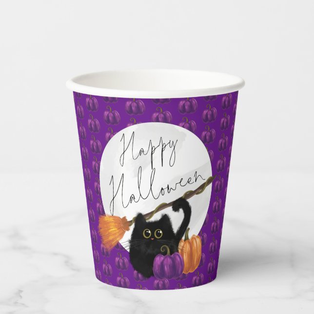 Cute Cat Pumpkin Broomstick Purple Happy Halloween Paper Cups (Front)