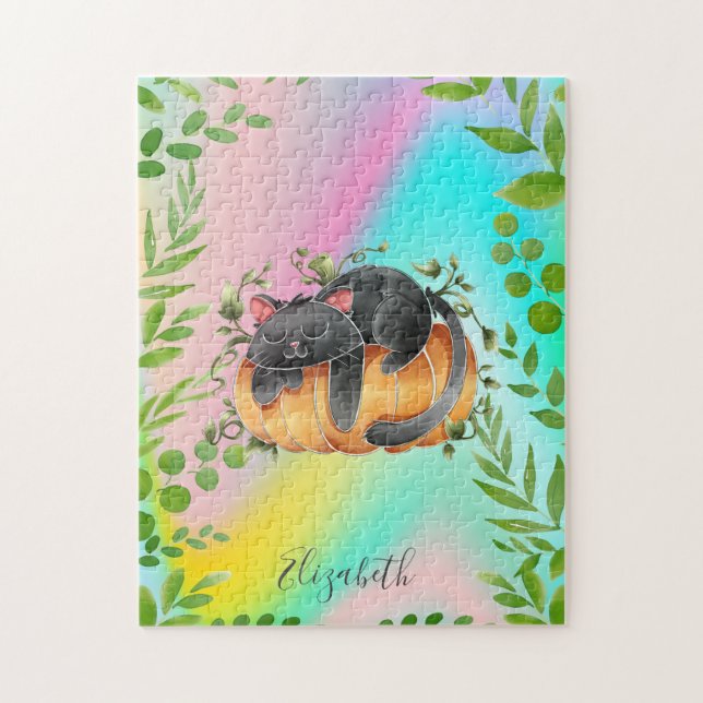 Cute Cat Pumpkin Colourful Jigsaw Puzzle (Vertical)