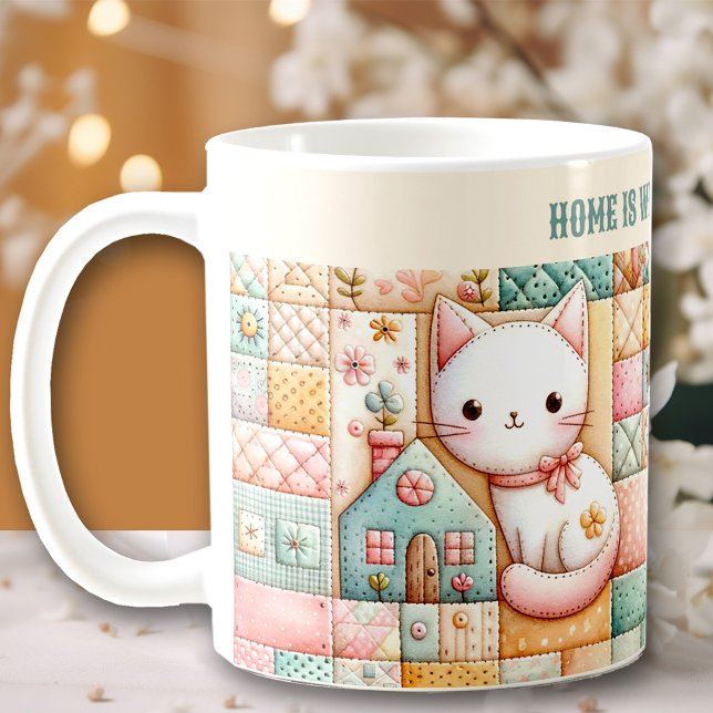 Cute Cat Quilt Patchwork Pastel Custom Name Coffee Mug (Cute Cat Quilt Patchwork Pastel Custom Name Coffee Mug)
