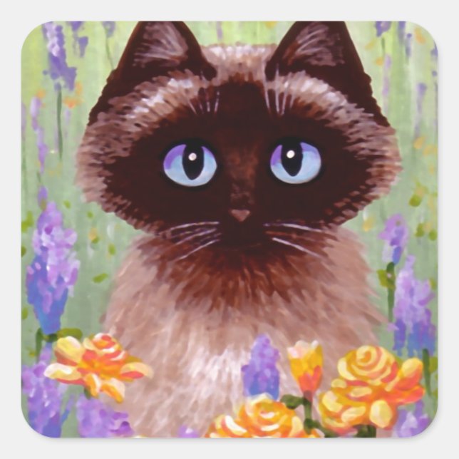 Cute Cat Ragdoll Siamese Burmese Rose Creationarts Square Sticker (Front)