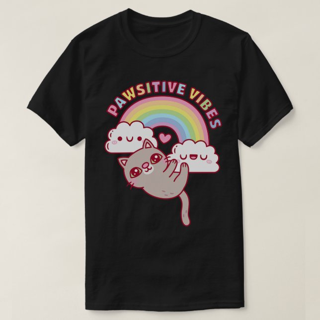 Cute Cat Rainbow And Clouds Pawsitive Vibes T-Shirt (Design Front)