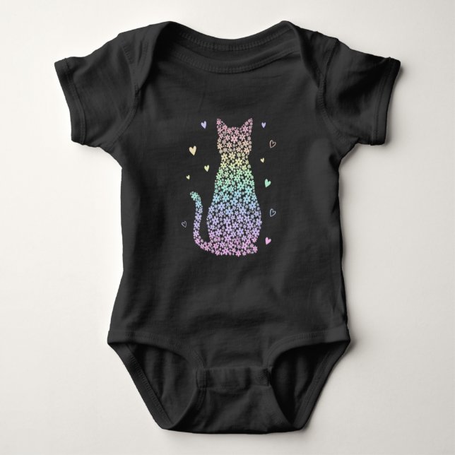  cute cat  rainbow hearts pastel gradient pattern baby bodysuit (Front)