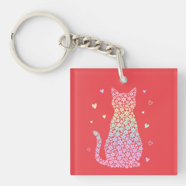  cute cat  rainbow hearts pastel gradient pattern key ring (Front)