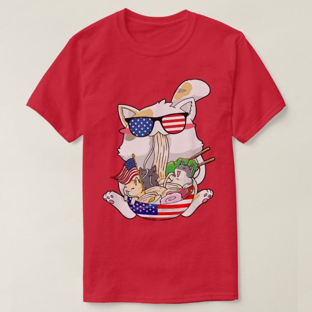 Cute Cat Ramen With American Usa Flag Pattern 227 T-Shirt (Design Front)