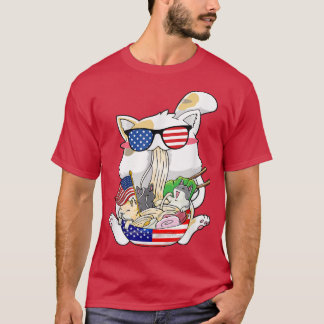Cute Cat Ramen With American Usa Flag Pattern 227 T-Shirt