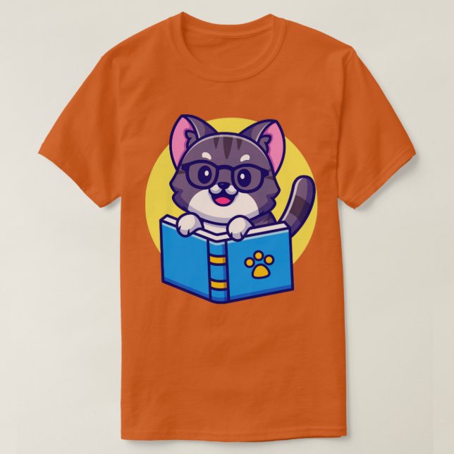 Cute Cat Reading Book Cartoon T-Shirt (Design Front)