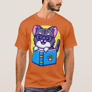 Cute Cat Reading Book Cartoon T-Shirt