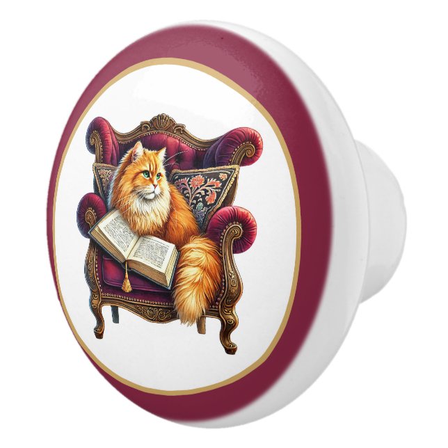 Cute cat reading book nook library reading lovers ceramic knob (Right)
