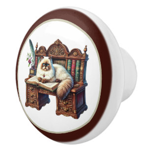 Cute cat reading book nook library reading lovers ceramic knob