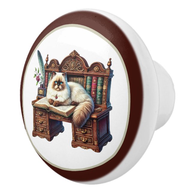 Cute cat reading book nook library reading lovers ceramic knob (Right)