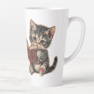 Cute cat reading book retro children illustration latte mug