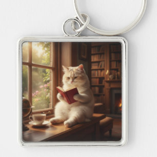 Cute Cat Reading Key Ring