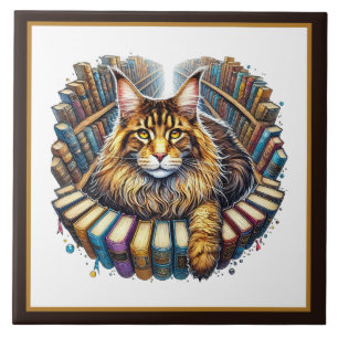 Cute cat reading nook library book lovers  tile